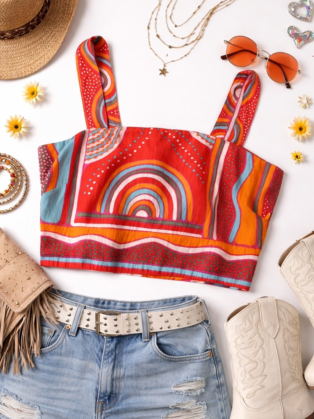 Psychedelic Rainbow Crop Top Festival Y2K Retro Print Smocked Back